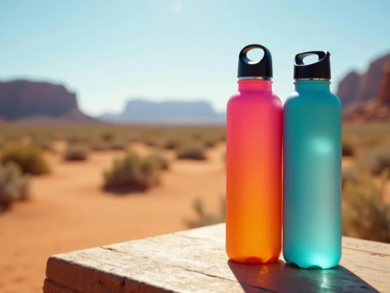 Two stainless steel water bottles on a table in a desert scene